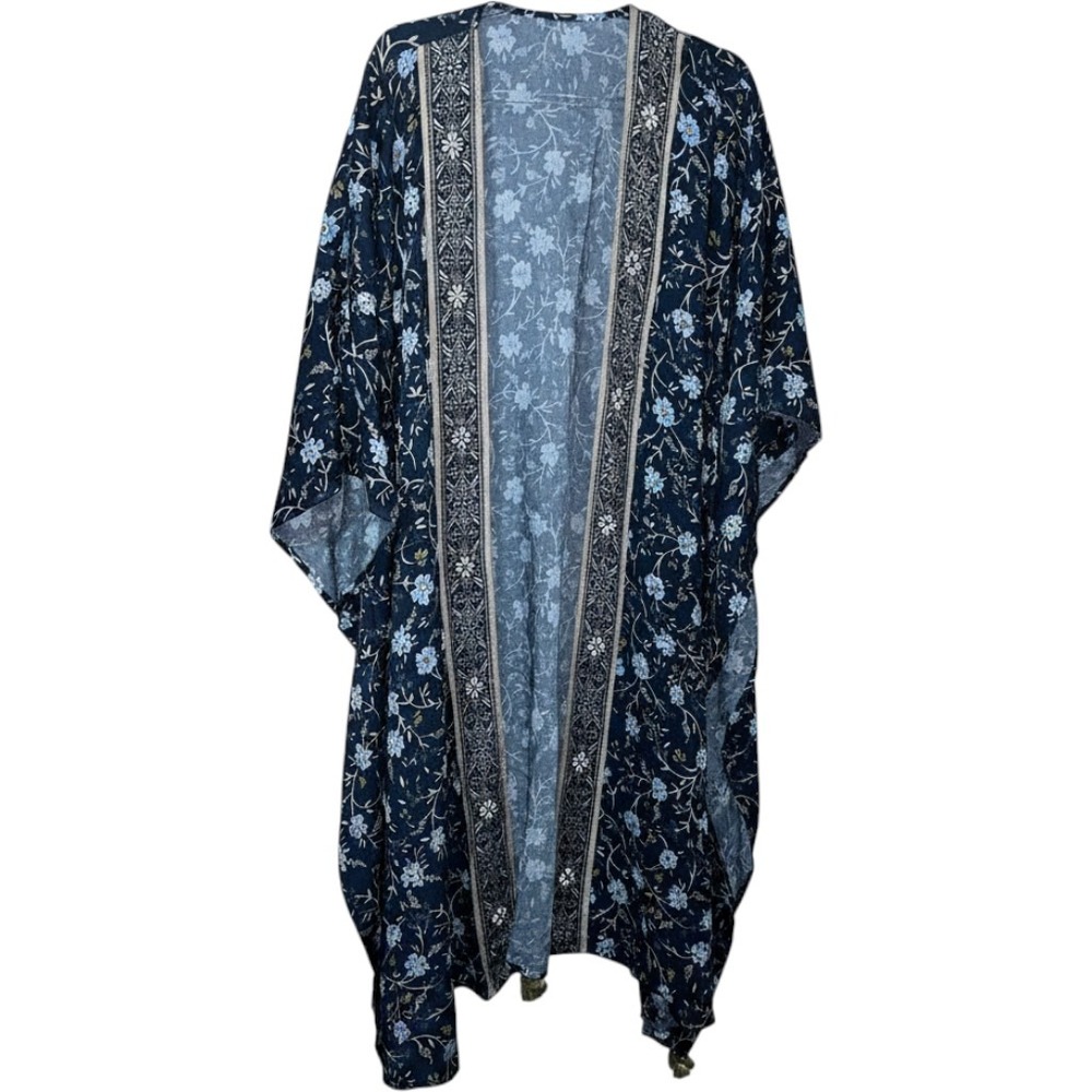 J.Jill Floral Kimono Cardigan Navy Blue Longline Open Front One Size OS